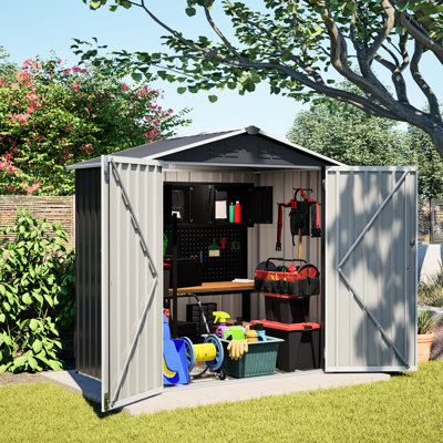 Remise de rangement extérieure grise en métal 6 x 4 pi avec porte verrouillable, coffre à outils de jardin imperméable pour la cour arrière, structure en acier galvanisé renforcé, pi de montage sans soudure, patio, guide à portée de main