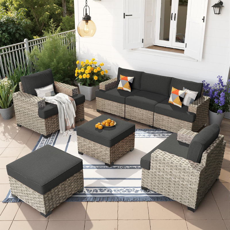 7 - Person Rattan Outdoor Seating Group with Cushions, Black