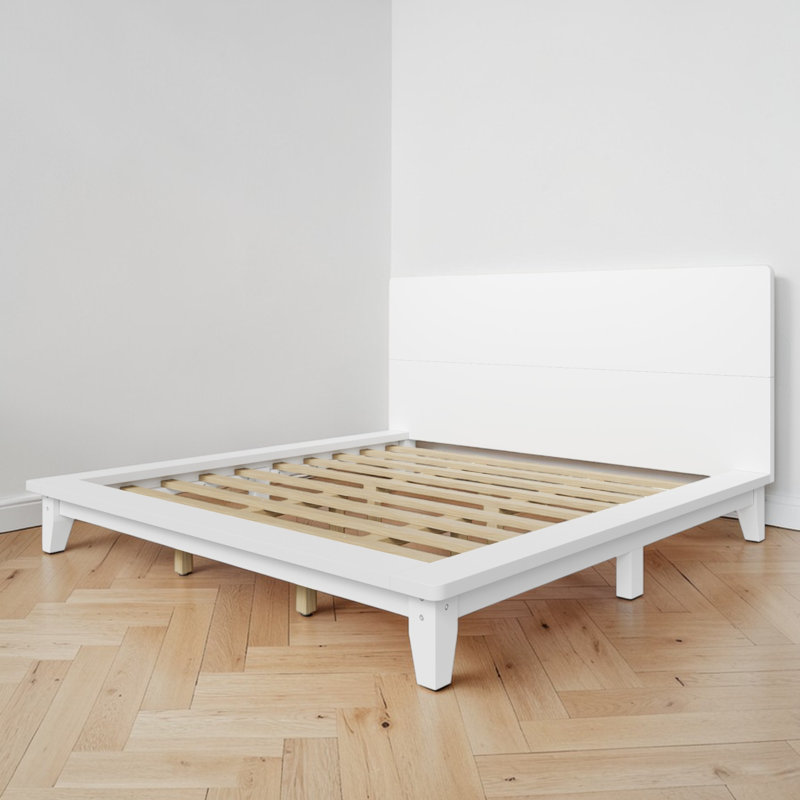 Wood Platform Bed With Wide Edge Frame, Low-Profile, Rectangular Panel Headboard, Contemporary, Bedroom, White, King
