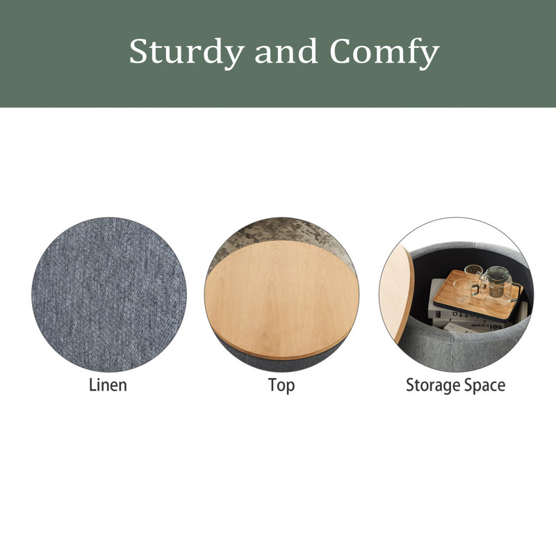 Round Storage Ottoman, 2 In 1 Function, Work As End Table And Ottoman, Dark Grey