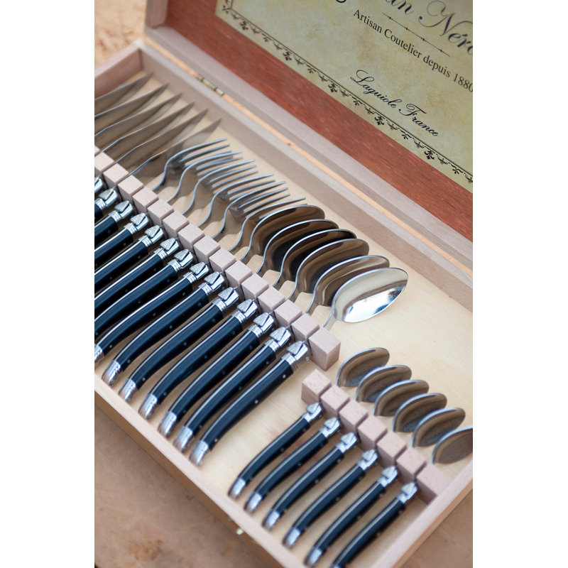  Ensemble de couverts 24 pièces, noir dans une boîte de présentation en bois, Noir