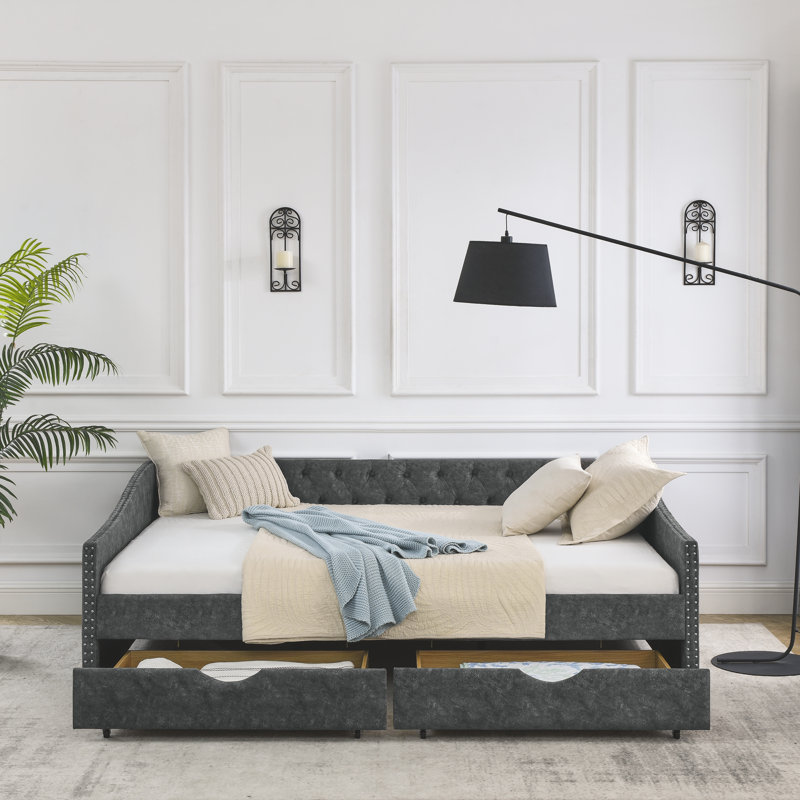 Daybed With Drawers Upholstered Tufted Sofa Bed,,With Button On Back And Copper Nail On Waved Shape Arms, Gray, Queen
