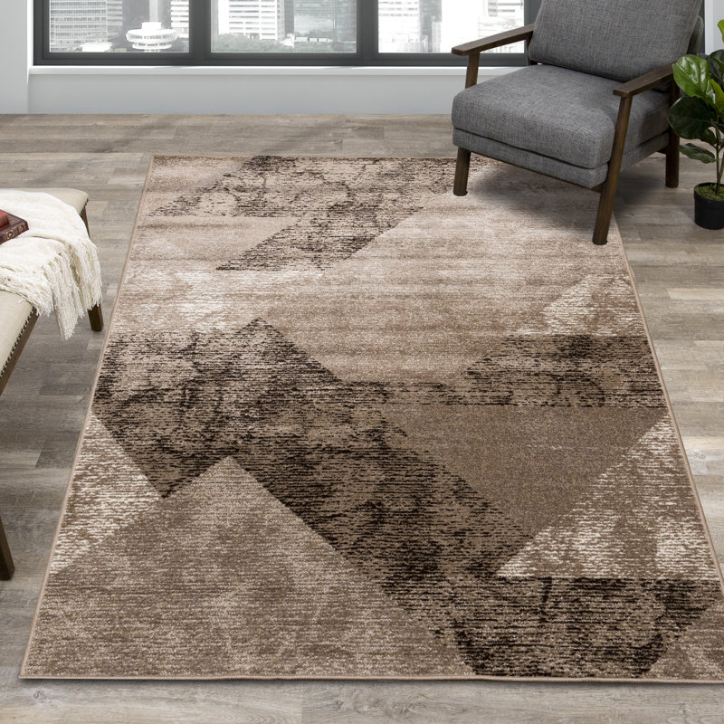 Geometric Beige Brown Cream Performance Low-Pile Area Rug, Rectangle 7'10'' x 10'6''