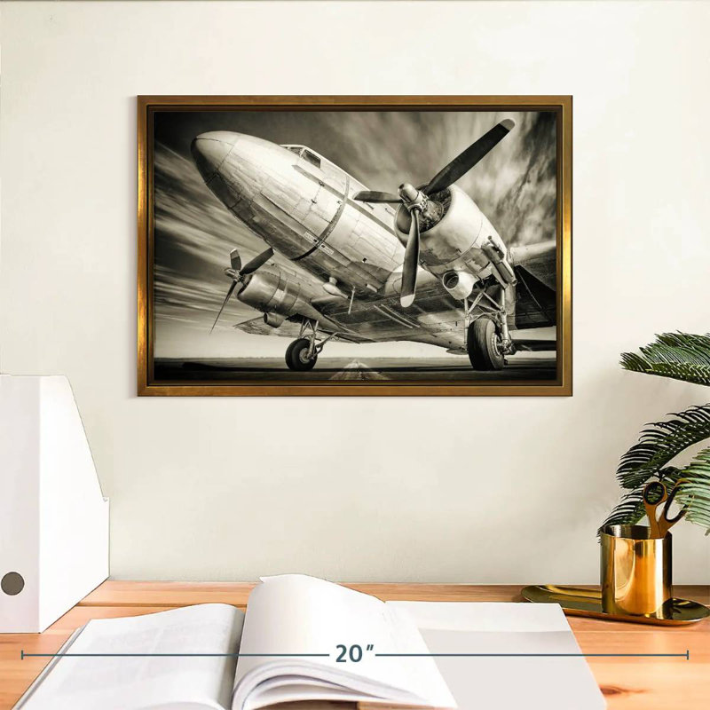 Avion rétro monochrome, Cadre flottant doré, 13 po x 9 po