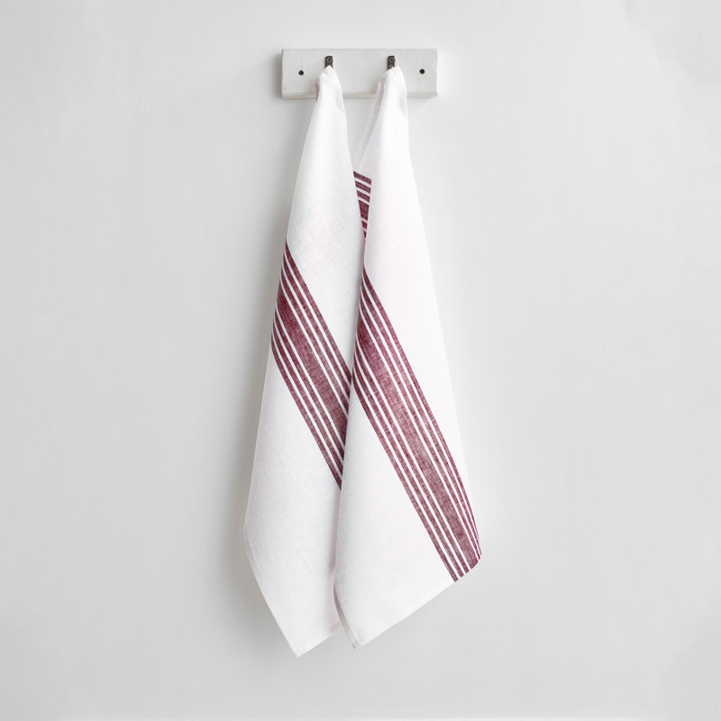 Farmhouse - 100% Pure Linen Kitchen Towel, Burgundy and White
