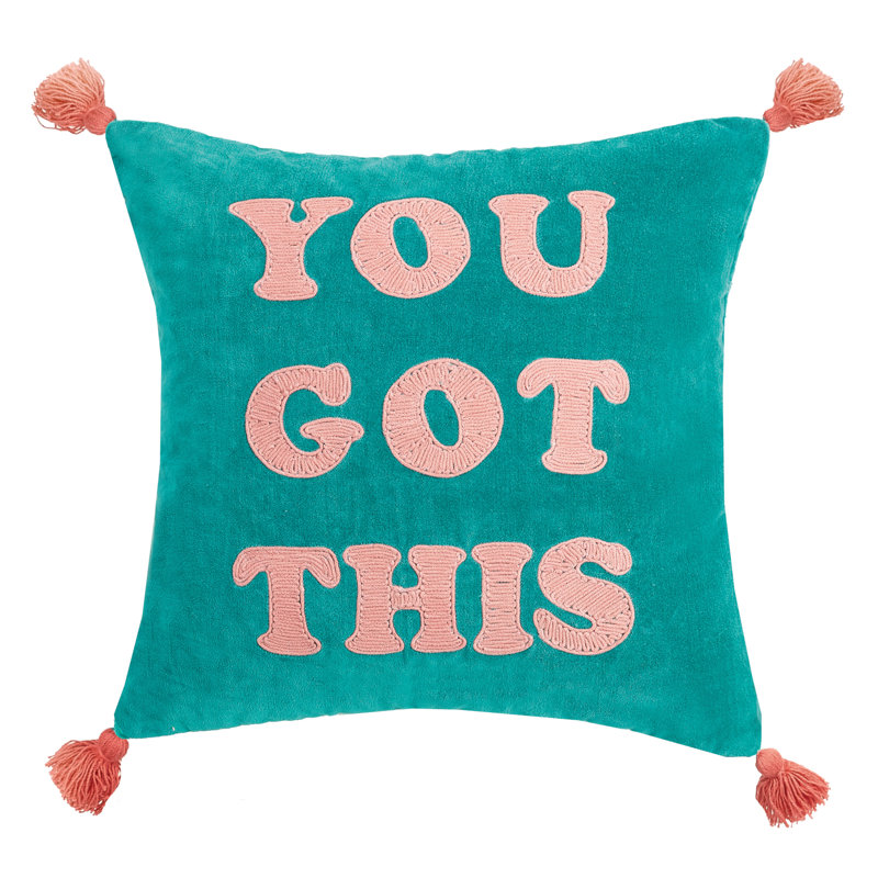 Teal Velvet Square Embroidered Pillow with Tassels