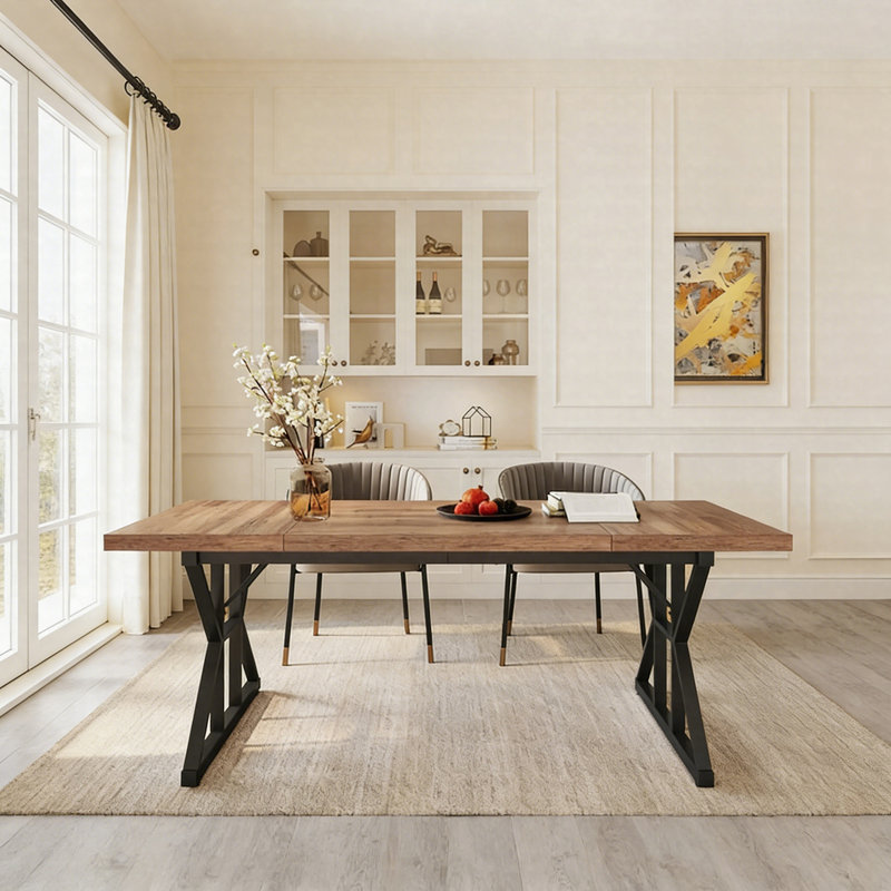 Table de salle à manger 70,8 "en bois pour 6 personnes - Table de cuisine rustique avec base à tréteaux, Noyer, Black