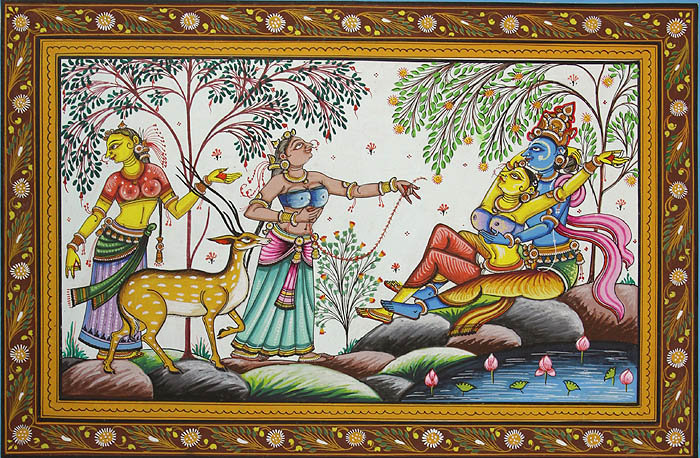 Radha Krishna sur les rives de Yamuna avec Gopis | Aquarelle sur Patti
