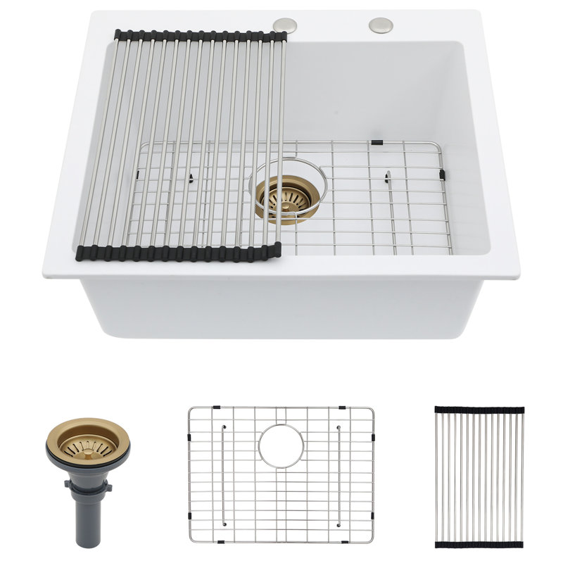 Évier de cuisine encastré en quartz blanc 25 x 22 po, quartz composite haut de gamme, réduit les taches de saleté, livré avec grille de fond et accessoires d'installation, évier 25 x 22 po, fonction silencieuse et épaisse, non poreux