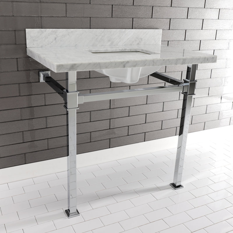 Kingston Brass Monarch 36-Inch Carrara Marble Console Sink with Stainless Steel Legs (8-Inch, 3-Hole)