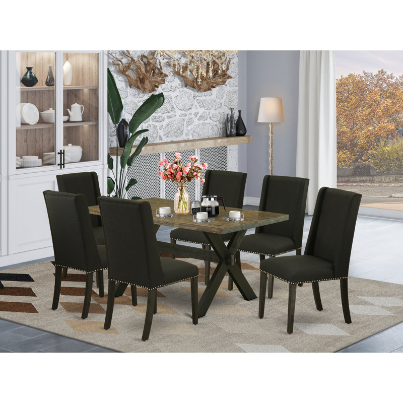 Ensemble de table de salle à manger 7 pièces composé d'une table de cuisine rectangulaire avec pieds en X et 6 chaises de salle à manger Parson en tissu noir, noir brossé