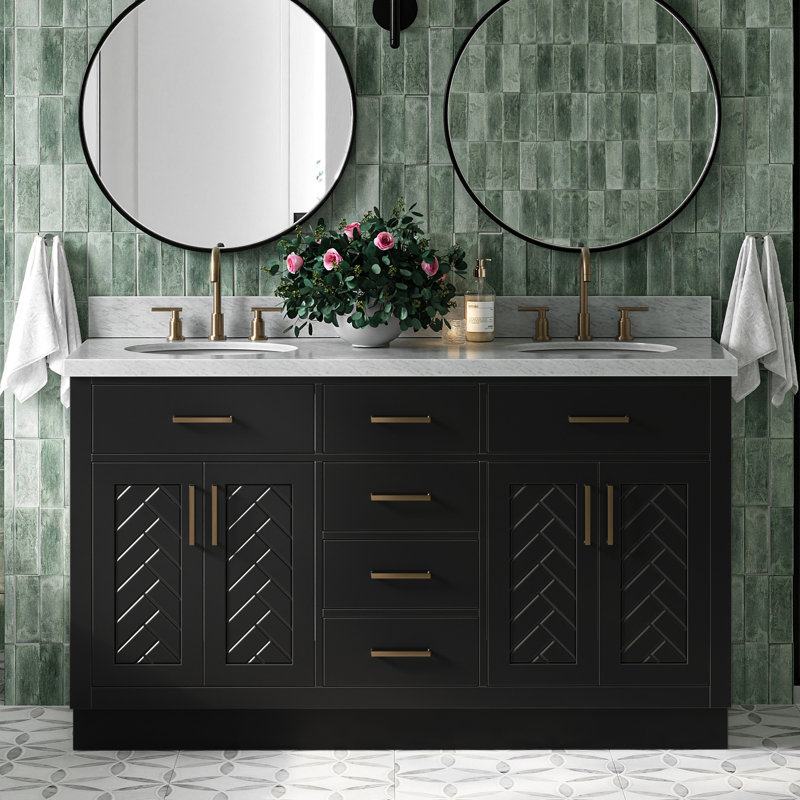 Chevron 61 Inch Double Oval Vanity Bathroom Vanity with Carrara White Marble Countertop 1.5 Inch in Black, Oval, Black