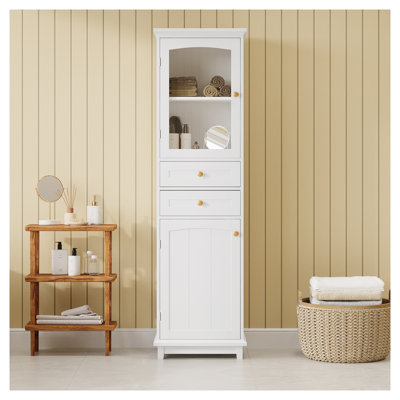 63" Tall White Bathroom Storage Cabinet with Glass Doors and Adjustable Shelves
