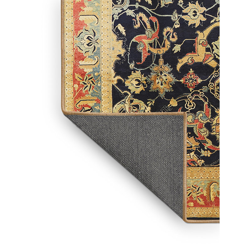 Tapis oriental bleu marine / jaune Kalig, Rectangle 7 pi x 9 pi