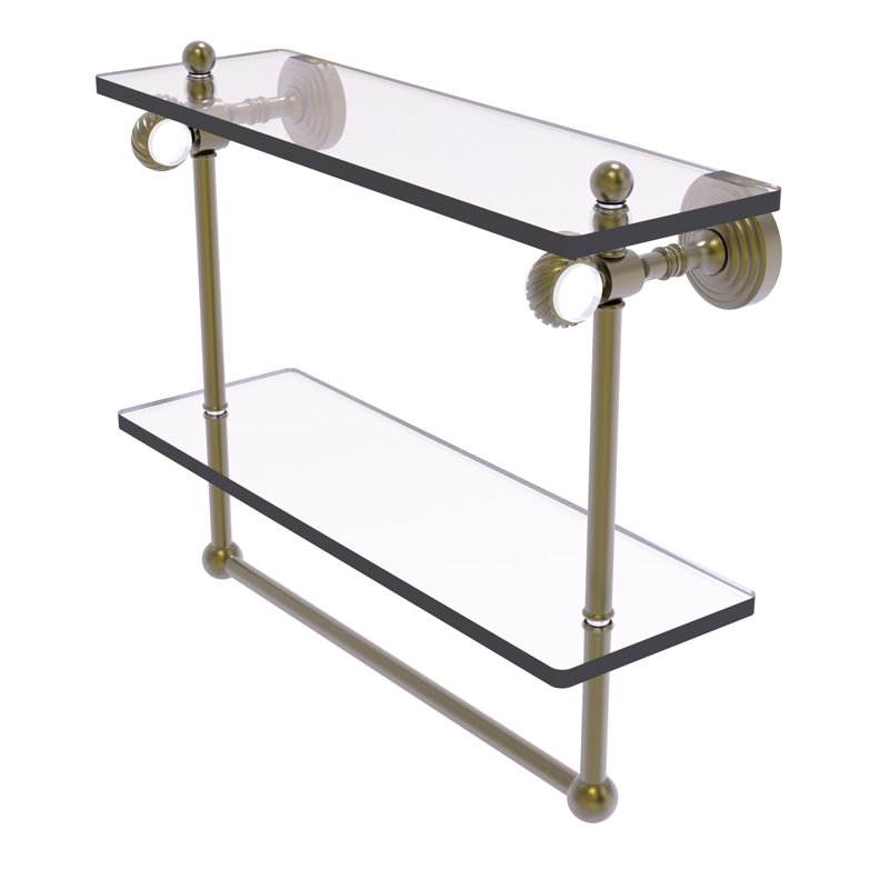 Étagère murale double en verre Jarrell, H 13 po x l 16 po x p 5,12 po, Laiton antique