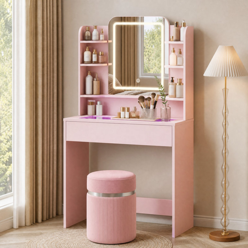 Coiffeuse de maquillage avec miroir lumineux à DEL et plateau en verre pour éclairage RVB, Rose