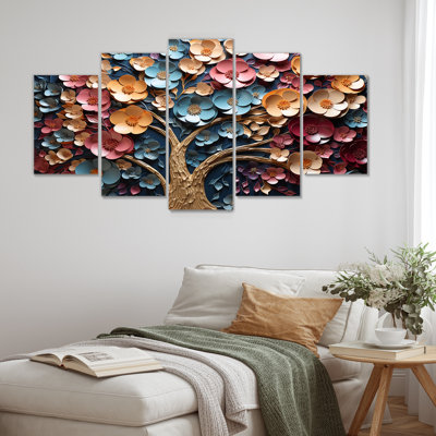 Orchidée dorée colorée, jardin de branches III - arbre, art mural multi-panneaux