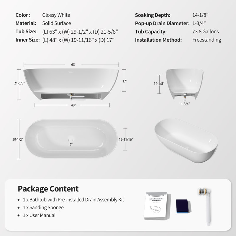 Résine de pierre autoportante à surface solide avec trop-plein et bonde escamotable 63 po x 29,5 po, blanc brillant