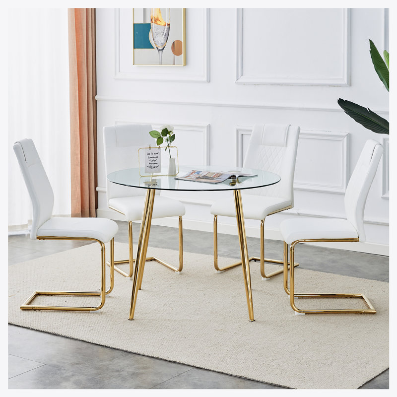 Ensemble de table et chaises, table de salle à manger circulaire, plateau de table en verre, Blanc, Doré