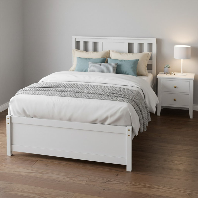 Twin Size Mid-Century Pine Solid Wood Platform Bed Frame with Headboard Slat Support, Twin, White