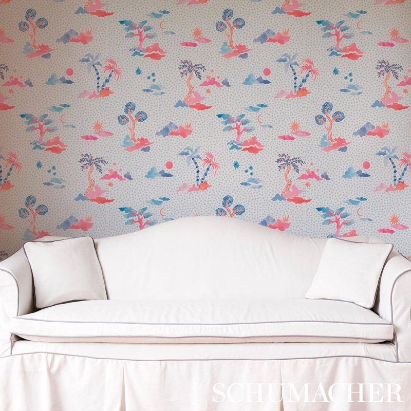 Schumacher x Happy Menocal Valletta Wallpaper, Sky/Pink