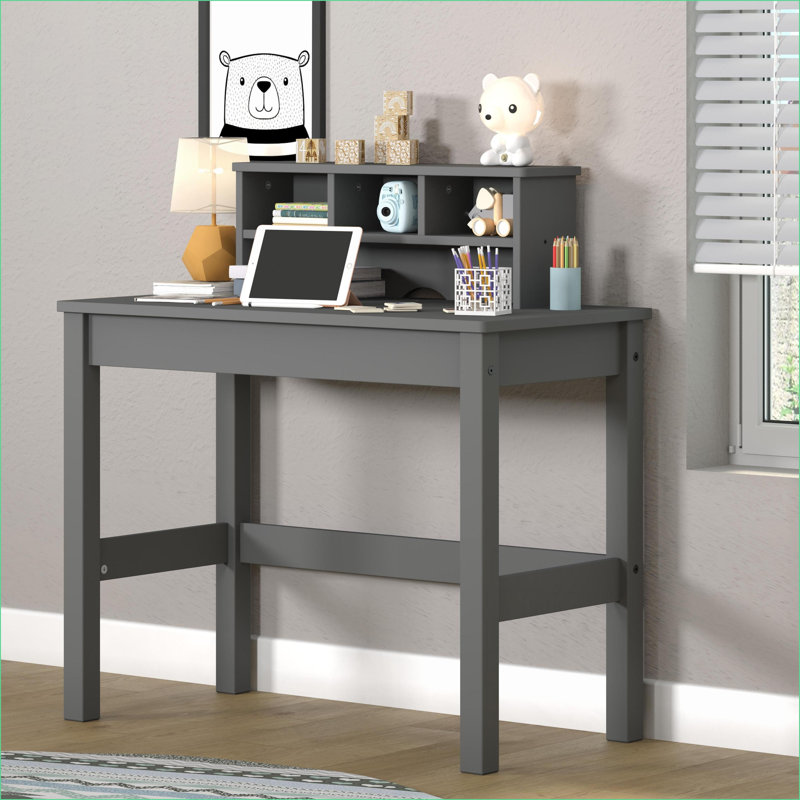 Bureau d'écriture avec huche | Plateau de table spacieux | Gris | Pin et bois aggloméré