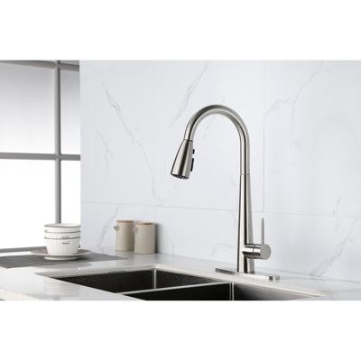 Single Handle Stainless Steel Kitchen Sink Faucet With Pull Down , Brushed Nickel Finish, 360 Rotating High Nozzle, Three Water Output Settings  Stream, Spray,  , Easy Temperature And Flow Control,
