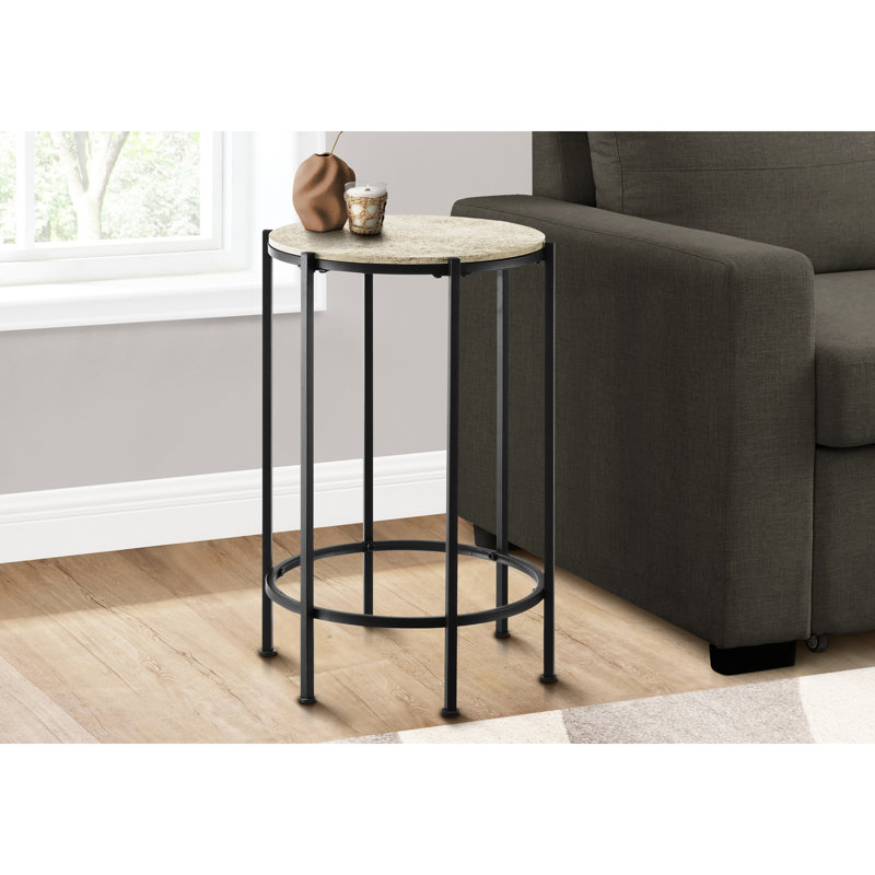 Élégante table d'appoint ronde: stratifié pierre crème et métal noir, idéale pour le salon et la chambre à coucher. Table polyvalente avec décoration intérieure en métal