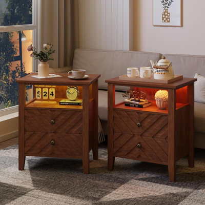 Farmhouse LED Nightstand Set w/2 Drawers, RGB Remote Control & Open Shelf, Rustic End Table for Bedroom (2-Piece, Brown)