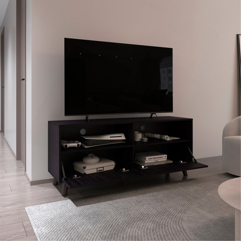 Meuble télé Patrick avec 2 portes et tablettes de rangement ouvertes, centre de divertissement moderne, noir
