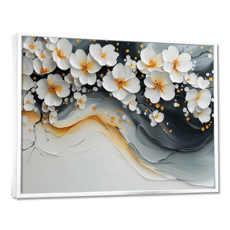 Velours cerisier en fleurs noir III - art mural cerisier en fleurs pour le salon, Cadre flottant, H 24 po x l 32 po, Blanc