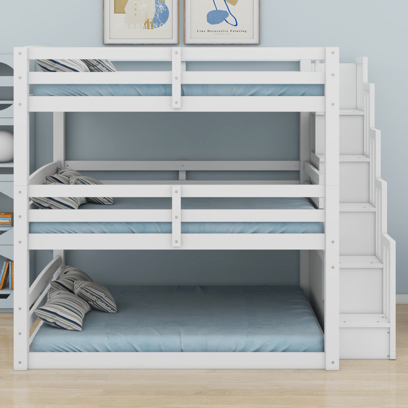 Triple Bunk Bed With Storage Staircase,Separate Design, White