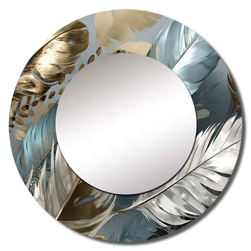 Ondria Gold Gilded Feathers IV - miroir mural décoratif plume glam, miroir rond moderne, impression d'art en métal