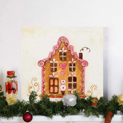 Pink Gingerbread House Winter Theme, Unframed Wall Art, 16 X 16