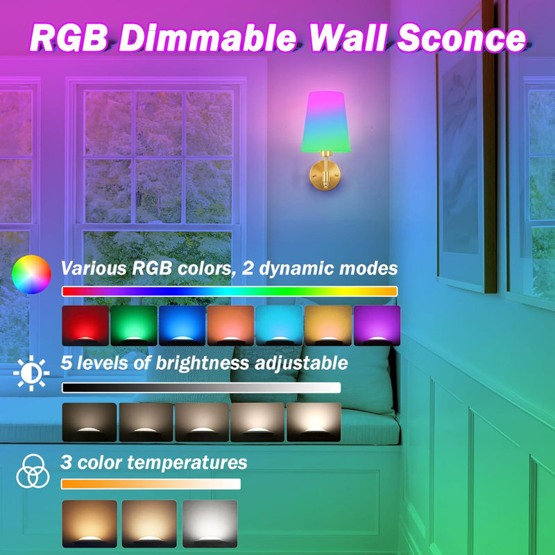 Battery Operated Sconces Set Of 2 - Up To 50 Hrs Runtime, RGB Colour Changing, Remote Control, Rechargeable Cordless Design