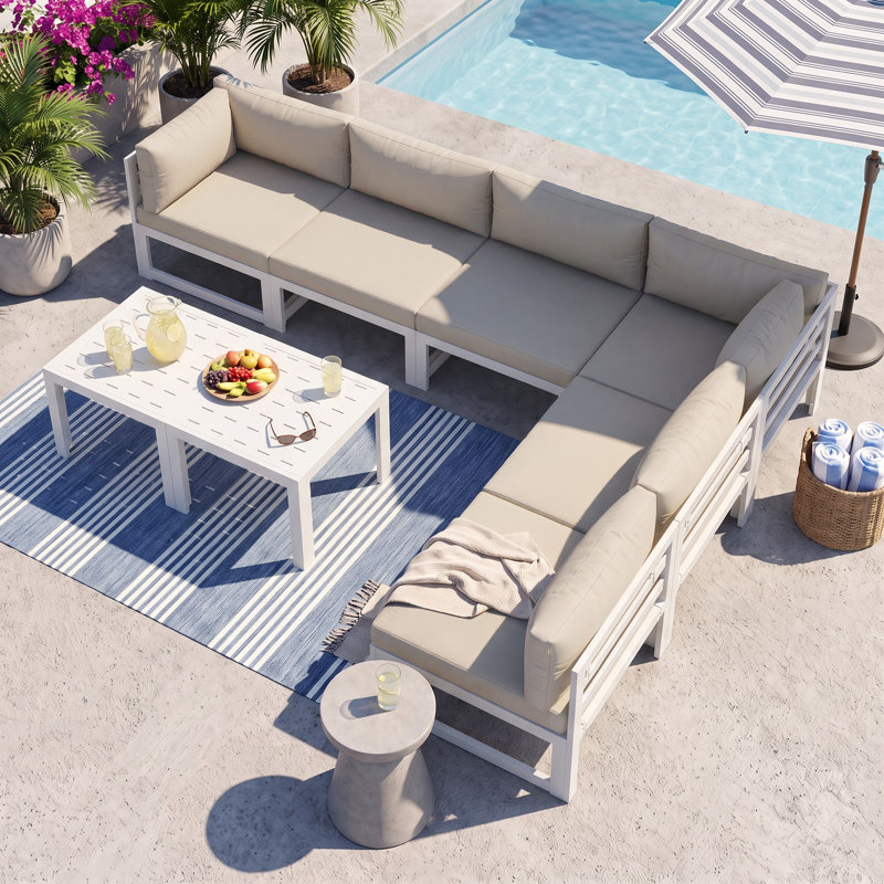 Gilemette 8-Piece Modern Aluminum Outdoor Sectional Seating Group with Cushions & Coffee Table, Rust-Resistant Patio Conversation Set