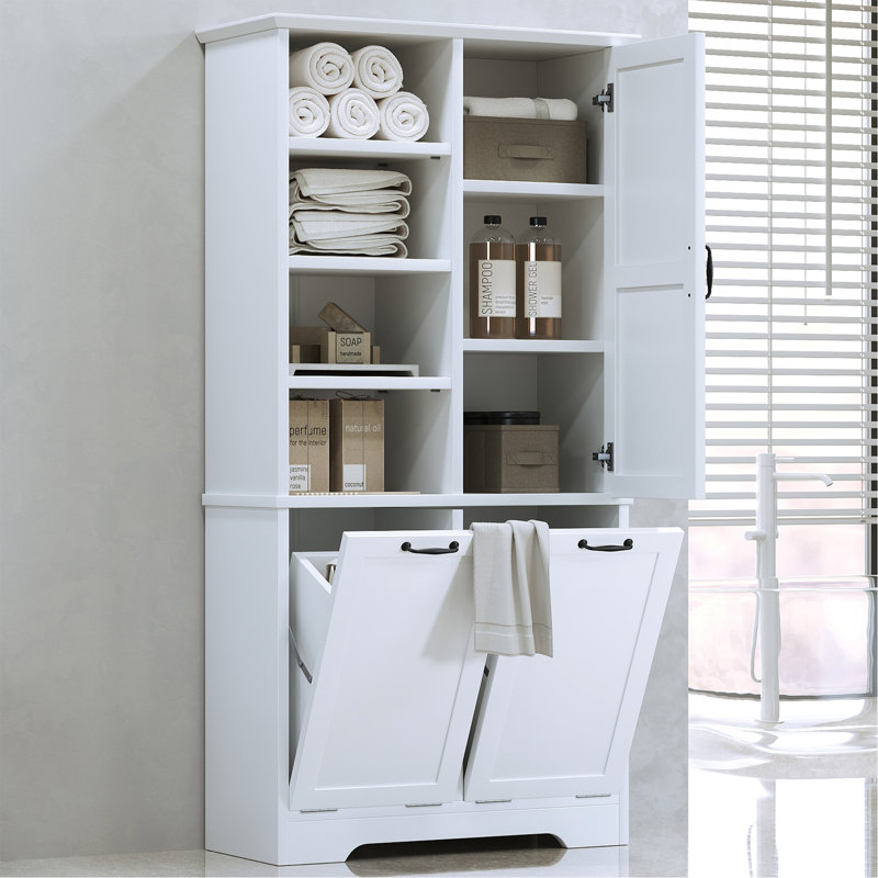 Bathroom Storage Cabinet With Doors And Drawers, Tilt-Out Laundry Hamper, Multiple Storage Space, Freestanding Style, Open Shelve, Adjustable Shelf, White