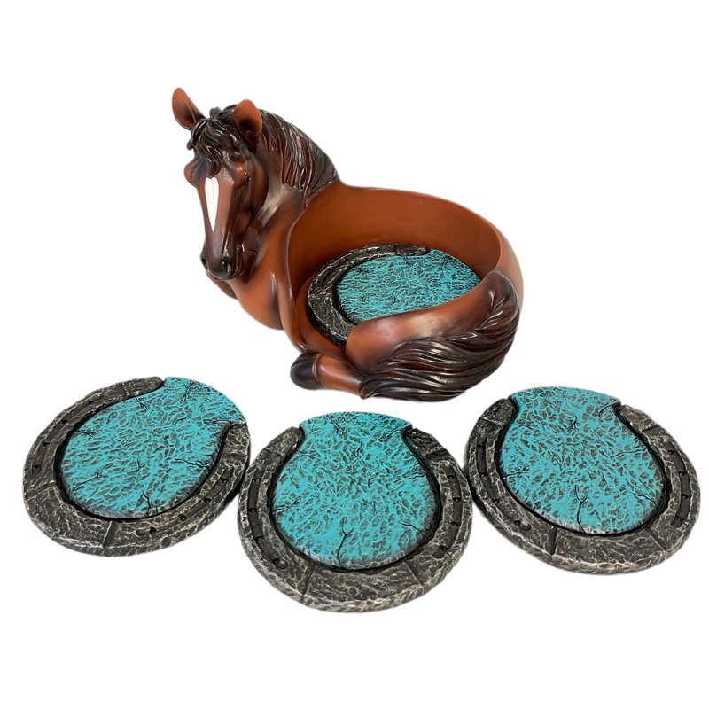 Ensemble de 4 pièces avec support décoratif en polyrésine, cheval brun et fer à cheval turquoise