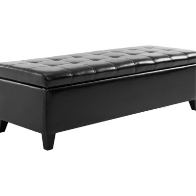 Banc de rangement noir de 51 po. Coffre en similicuir avec couvercle. Siège confortable pour la vie, vestibule. Rangement de couvertures, oreillers, chaussures et commode de course. Salon, fabrication fiable