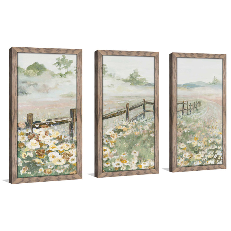«Fence With Flowers», reproduction de 3 pièces sur acrylique, H 25,5 po x l 40,5 po x P 1 po