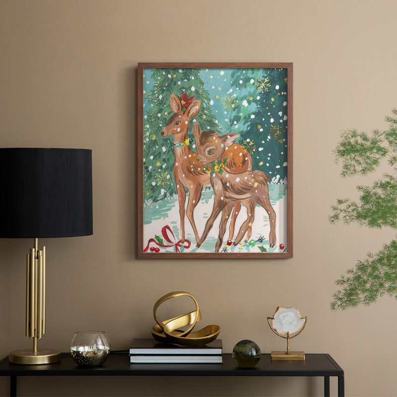 «Doe and Fawn I», reproduction encadrée - bois massif, Noyer, H 15 po x l 12 po