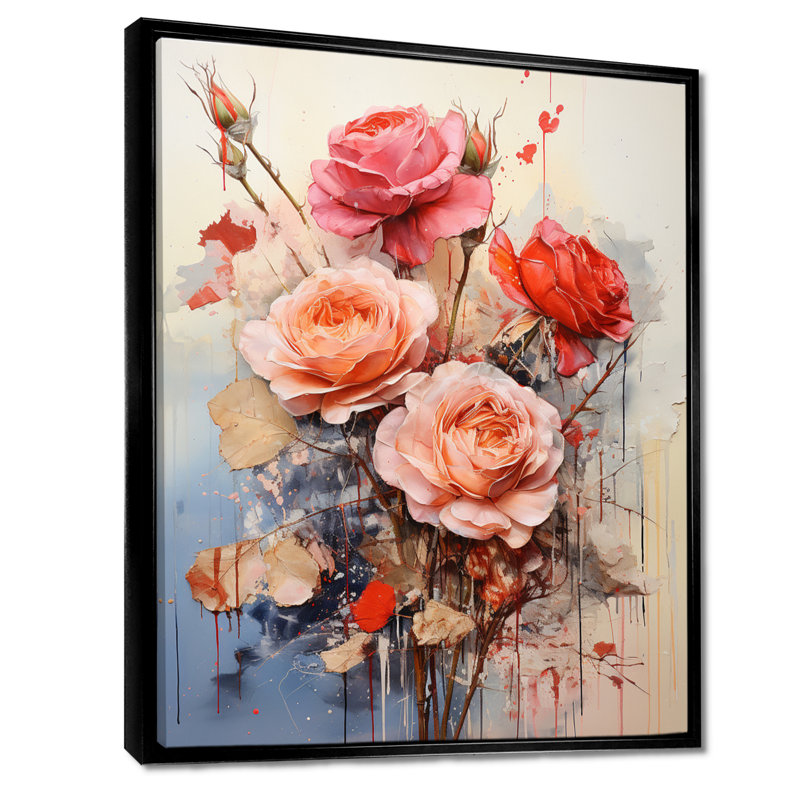 «Rose Retro Rose Collage - Roses», art mural, H 32 po x l 16 po x P 1 po, Toile avec cadre flottant noir