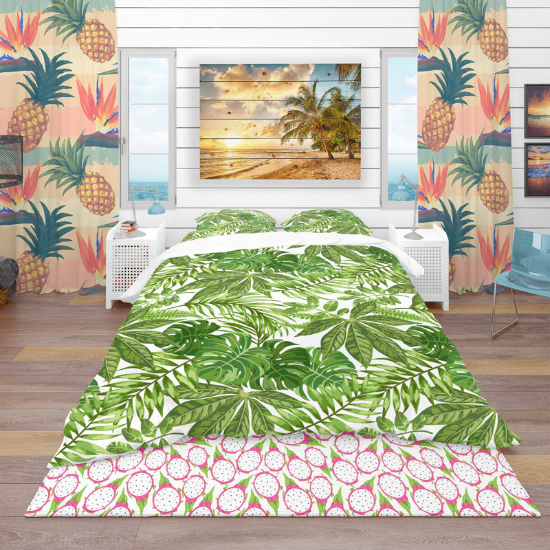 Exotic Pattern with Tropical Leaves - Tropical Nature Duvet Cover Set - Microfiber Polyester, Twin Duvet Cover + 1 Sham