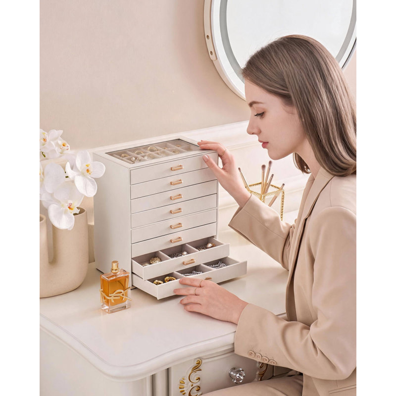 Organisateur de boucles d'oreilles, boîte à bijoux avec couvercle transparent - Beige, 8 compartiments, 8 Layer, Beige