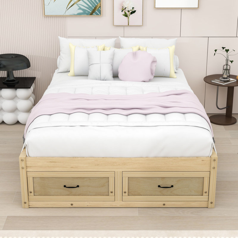 Lit plateforme en bois avec 6 tiroirs de rangement, Naturel antique, Complète