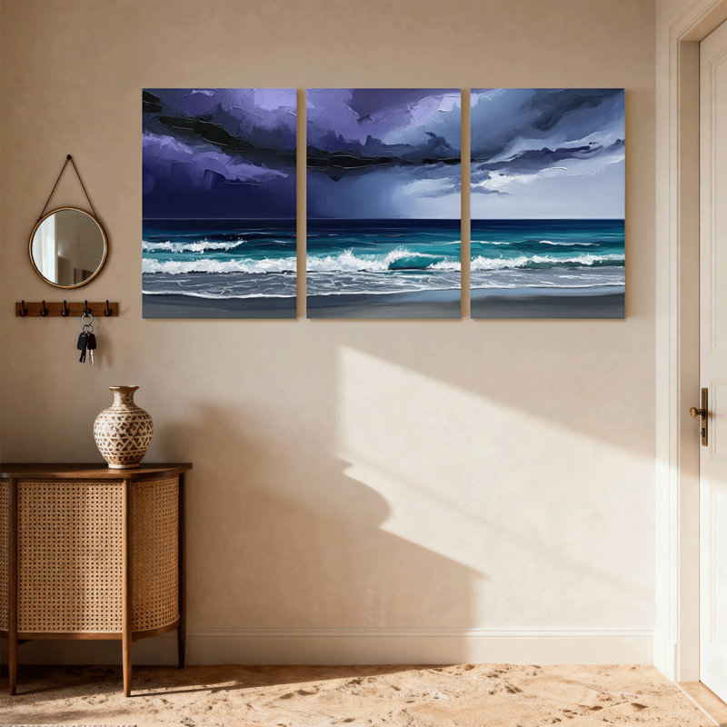 Nautique et plage, vagues océaniques sous un ciel orageux, ensemble de 3 impressions sur toile, H 18 po x l 36 po