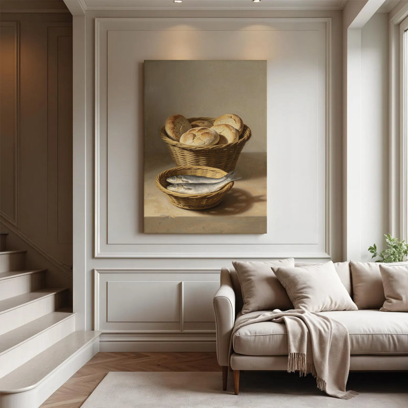 Tableau réaliste à l'huile sur toile « Pains et Poissons », impression sur toile tendue sur châssis, 61 x 91 cm, style rustique brun et beige, idéal pour la cuisine, la salle à manger et le salon.