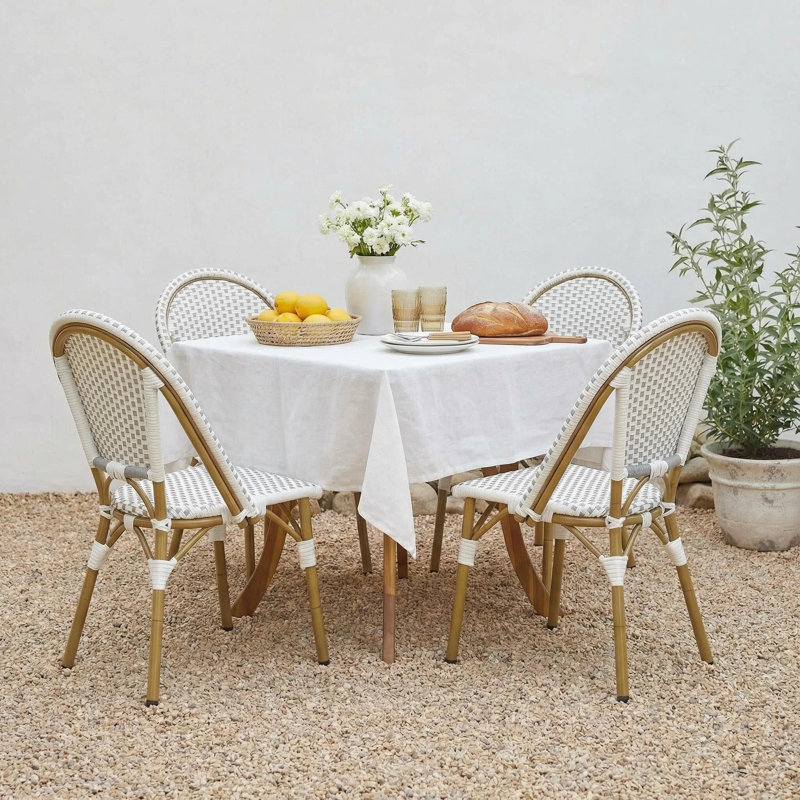 McBrine 5-Piece French Bistro Aluminum & Acacia Wood Patio Dining Set With Woven Rattan Chairs And Cabriole Leg Table