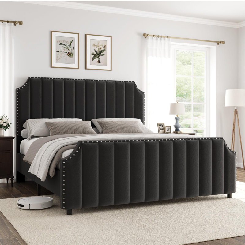 Platform Bed Frame With 50.2" Headboard, Velvet Upholstered Bed Frame, Queen, Black