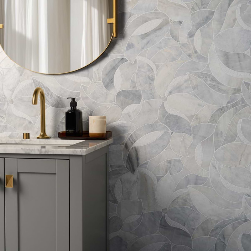 Raina Polished Waterject Marble Mosaic Tile, Andes Gray